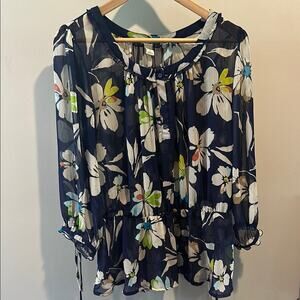 Old Navy Large Navy Blue Floral Semi-Sheer Cinched Blouse Top